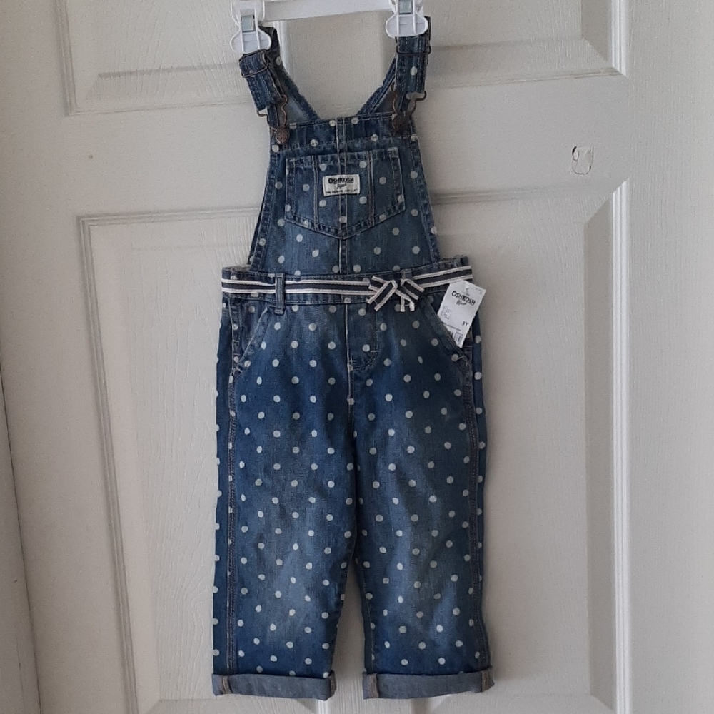OshKosh B'gosh 3T Blue Denim Overalls with White Polka Dots